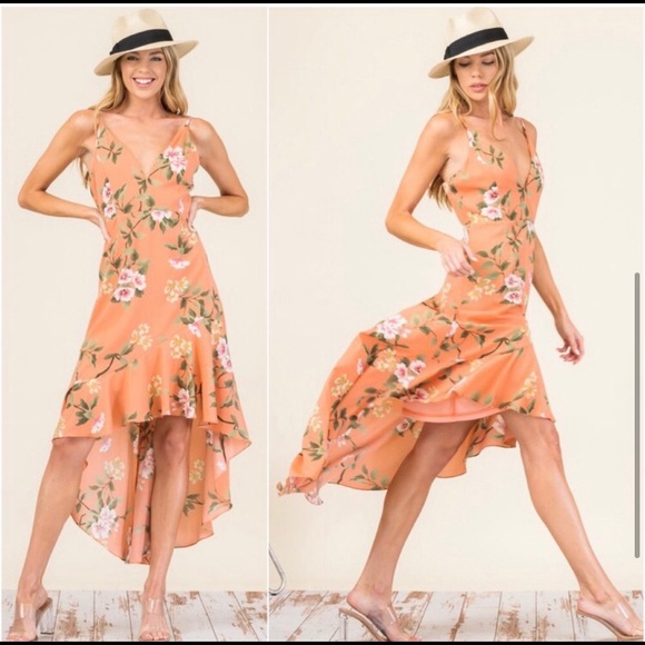 Apricot pink peach women’s summer high low dress - Picture 3 of 4